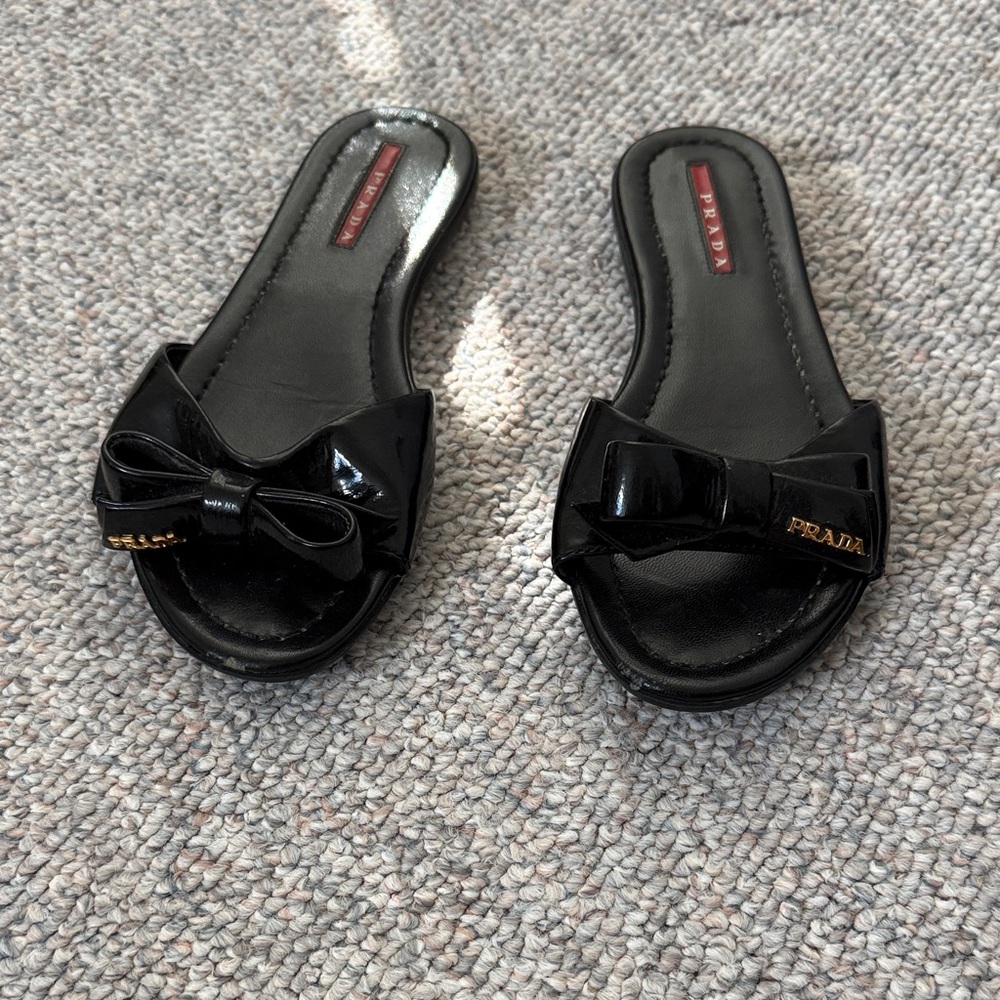 Prada Women's Black Slide Sandals with Bow